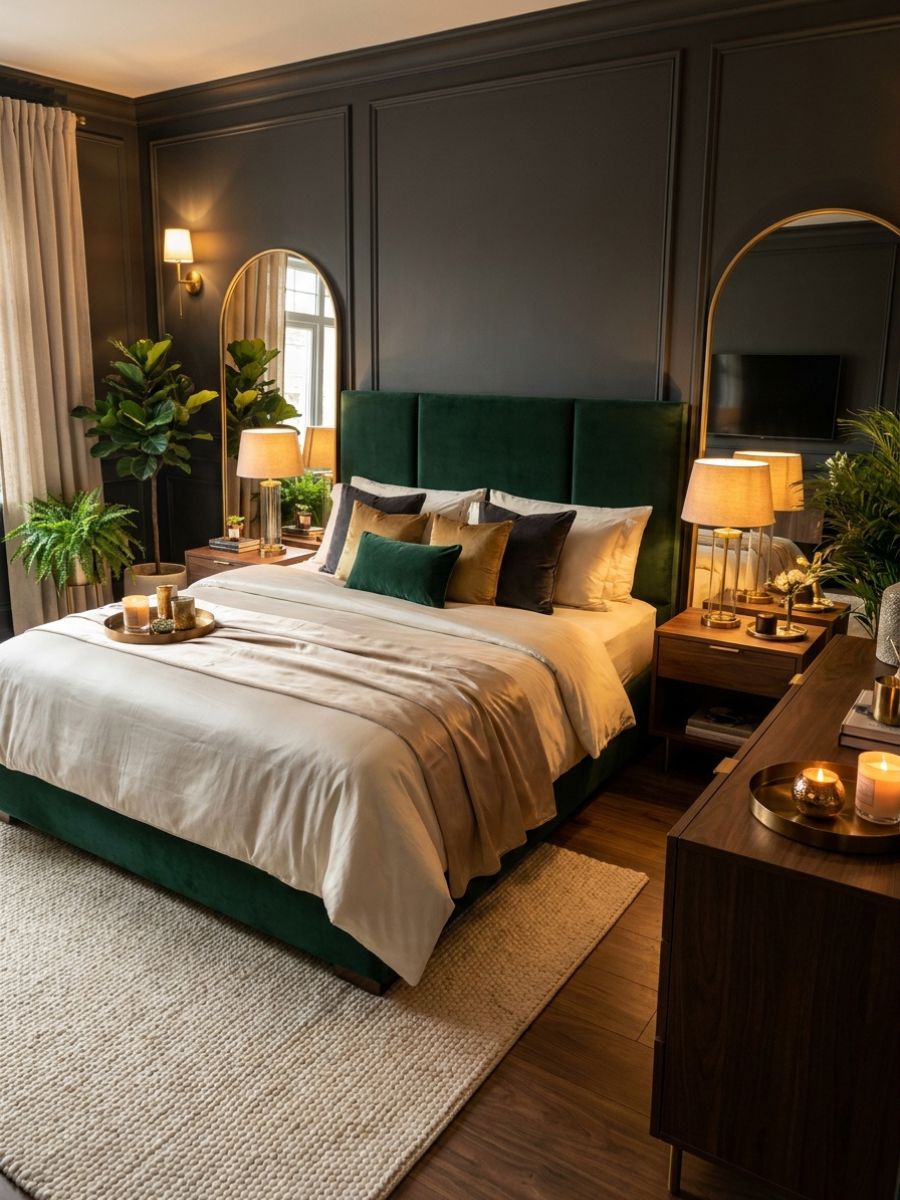 Brass lamps and gold-framed mirror as warm metallic accents