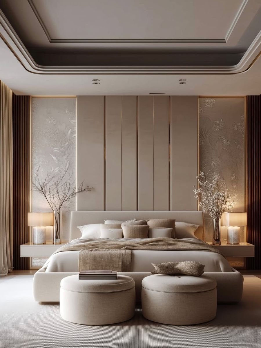 Warm modern neutral bedroom with soft brown tones and moody lighting