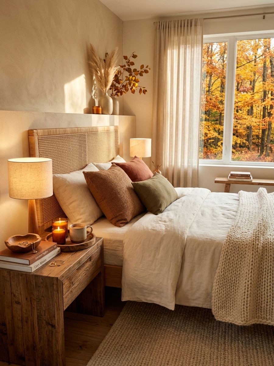 Reclaimed wood nightstand and rattan headboard in a fall bedroom