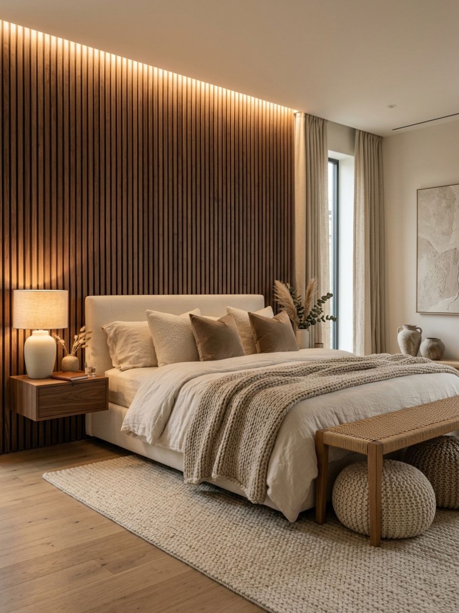 Warm wood contrast neutral bedroom with slatted panels and knitted poufs