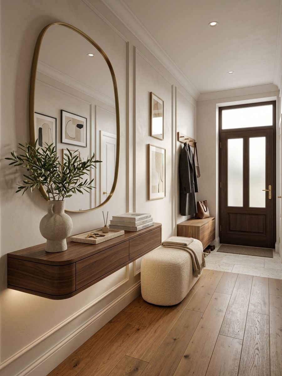 Entryway with a console table, coat rack, and decorative accents