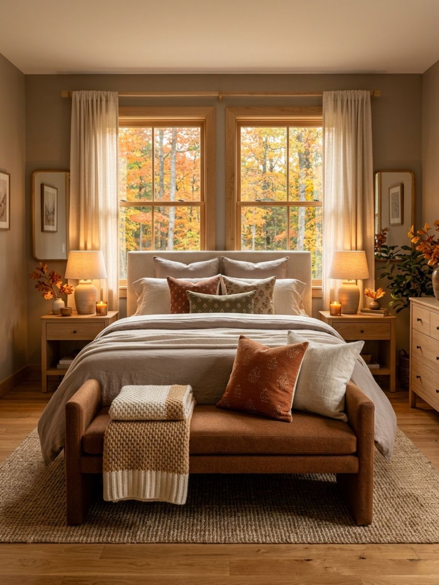 Wool upholstered bench at the foot of a bed topped with folded blankets