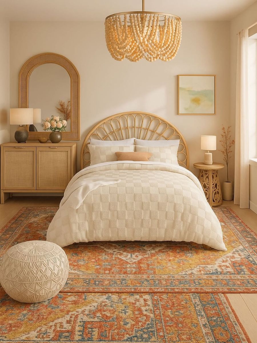 Sun-washed neutral bedroom with woven headboard and beaded chandelier