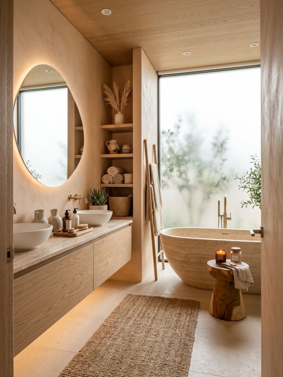 Serene bathroom with peach walls, candles, and a round mirror